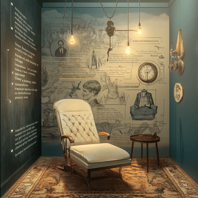 Na obrázku je terapeutické křeslo a za ním historie terapie v místnosti na zdi.